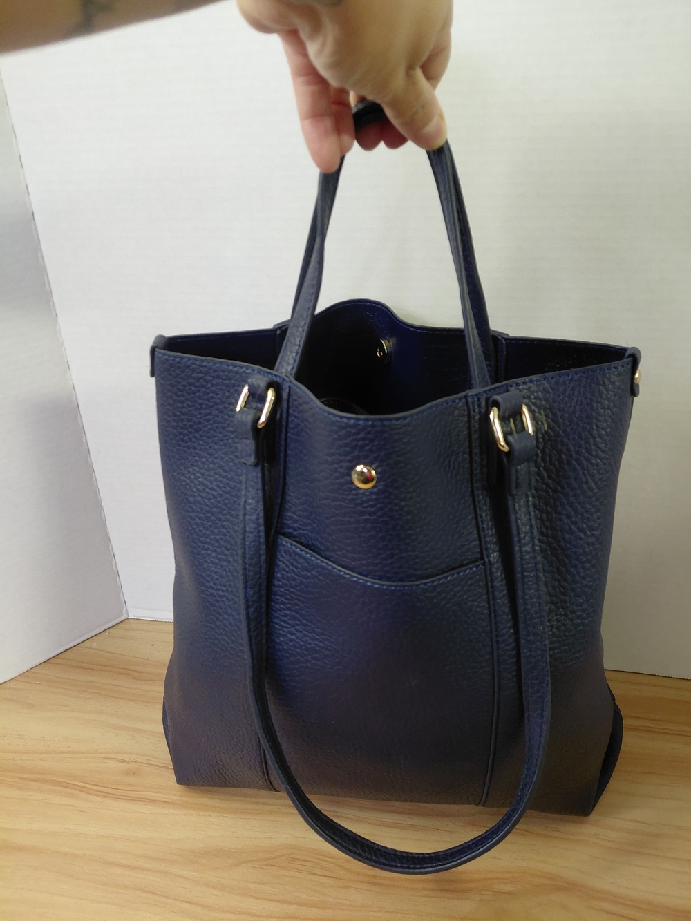 Montana West Navy Pebbled Leather Tote with Gold Accents